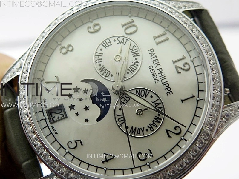 Annual Calendar 4947G Full Paved Diamonds N1F Best Edition White MOP Dial on Green Leather Strap A324