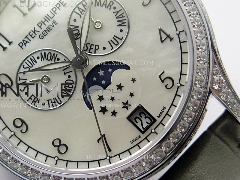 Annual Calendar 4947G Full Paved Diamonds N1F Best Edition White MOP Dial on Green Leather Strap A324