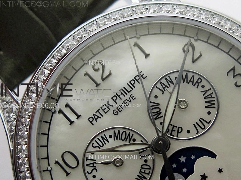 Annual Calendar 4947G Full Paved Diamonds N1F Best Edition White MOP Dial on Green Leather Strap A324