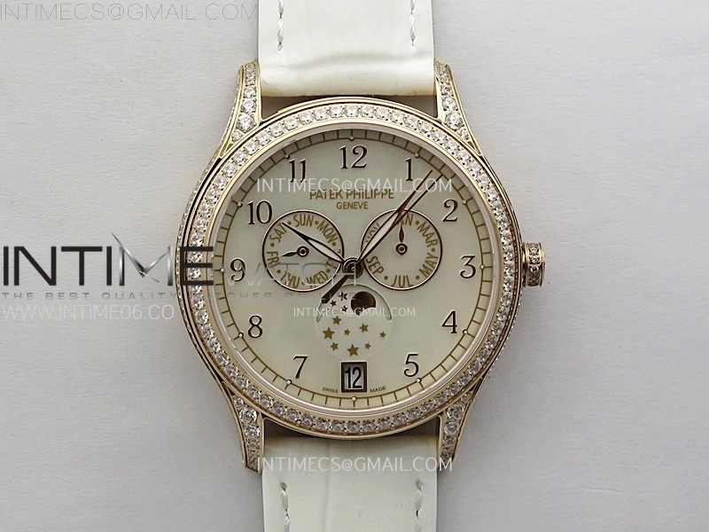 Annual Calendar 4947R Full Paved Diamonds N1F Best Edition White MOP Dial on White Leather Strap A324