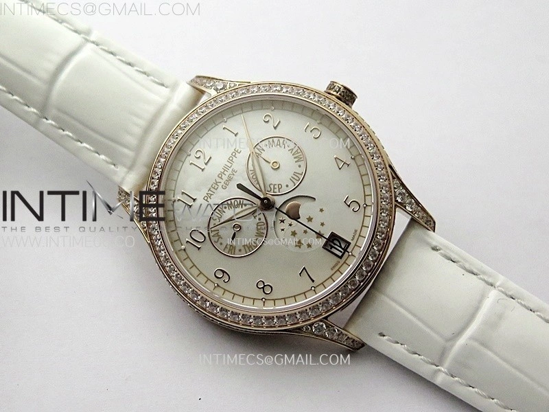 Annual Calendar 4947R Full Paved Diamonds N1F Best Edition White MOP Dial on White Leather Strap A324
