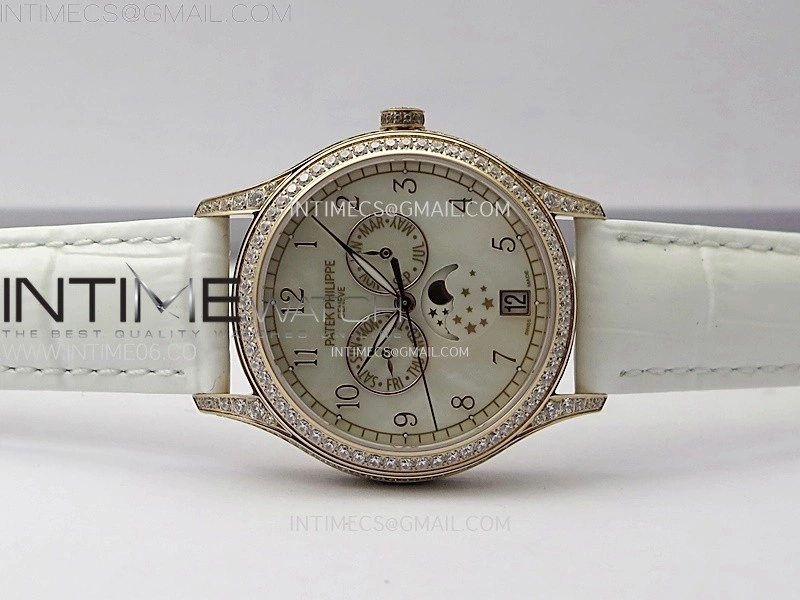 Annual Calendar 4947R Full Paved Diamonds N1F Best Edition White MOP Dial on White Leather Strap A324