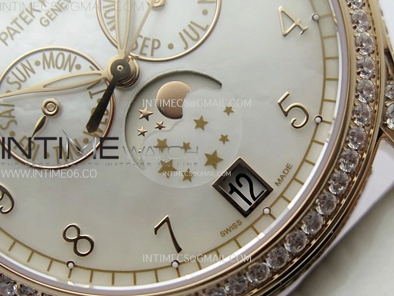 Annual Calendar 4947R Full Paved Diamonds N1F Best Edition White MOP Dial on White Leather Strap A324