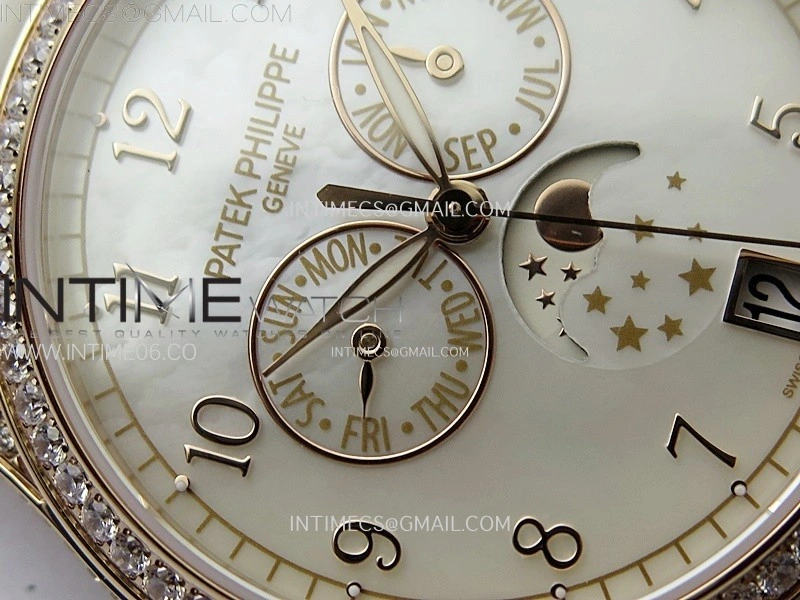 Annual Calendar 4947R Full Paved Diamonds N1F Best Edition White MOP Dial on White Leather Strap A324