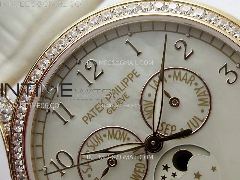 Annual Calendar 4947R Full Paved Diamonds N1F Best Edition White MOP Dial on White Leather Strap A324
