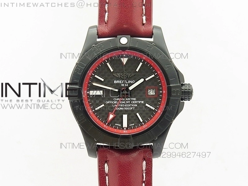 Avenger GMT DLC Black Stick Marker Textured Dial Red Inner Bezel on Leather strap A2836