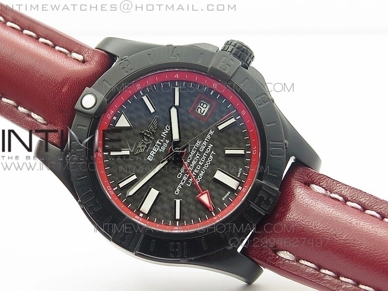 Avenger GMT DLC Black Stick Marker Textured Dial Red Inner Bezel on Leather strap A2836