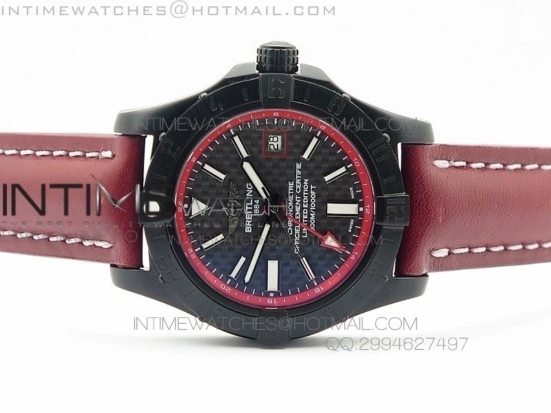 Avenger GMT DLC Black Stick Marker Textured Dial Red Inner Bezel on Leather strap A2836