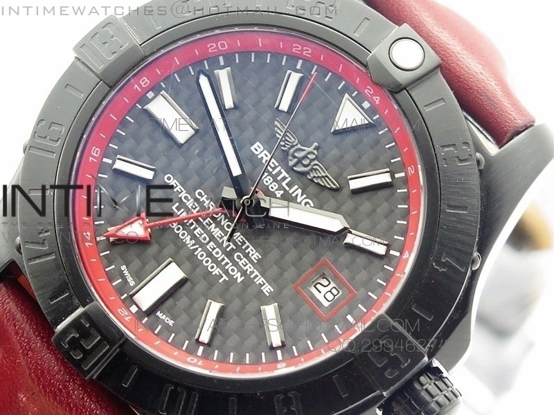 Avenger GMT DLC Black Stick Marker Textured Dial Red Inner Bezel on Leather strap A2836