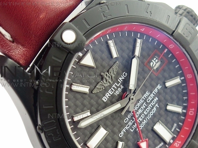 Avenger GMT DLC Black Stick Marker Textured Dial Red Inner Bezel on Leather strap A2836