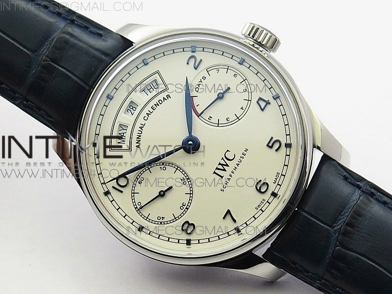 Portuguese Real PR Real Annual Calendar IW5035 AZF 1:1 Best Edition White Dial Blue Markers on Blue Leather Strap A52010