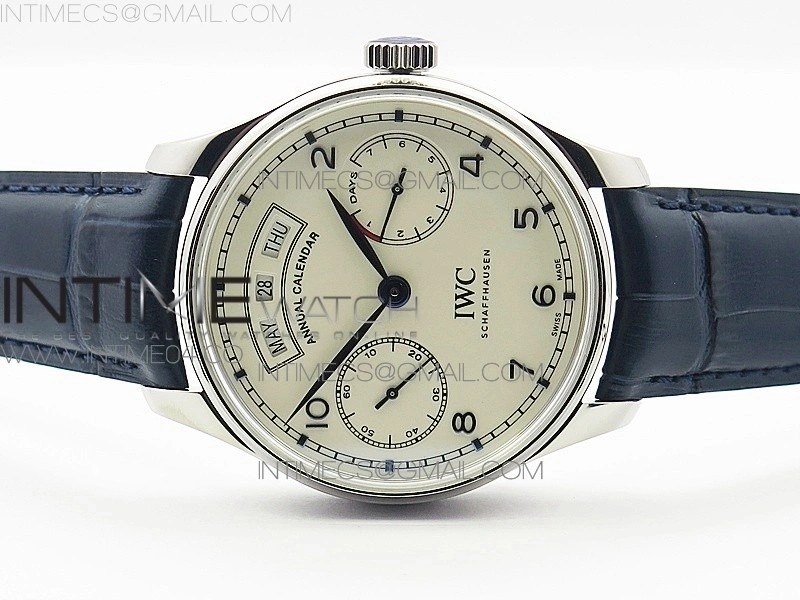 Portuguese Real PR Real Annual Calendar IW5035 AZF 1:1 Best Edition White Dial Blue Markers on Blue Leather Strap A52010