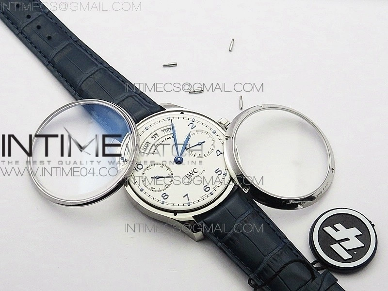 Portuguese Real PR Real Annual Calendar IW5035 AZF 1:1 Best Edition White Dial Blue Markers on Blue Leather Strap A52010