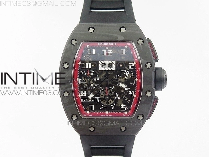RM011 Carbon Case Chronograph KVF 1:1 Best Edition Carbon Case Bezel Skeleton Dial on Black Rubber Strap A7750