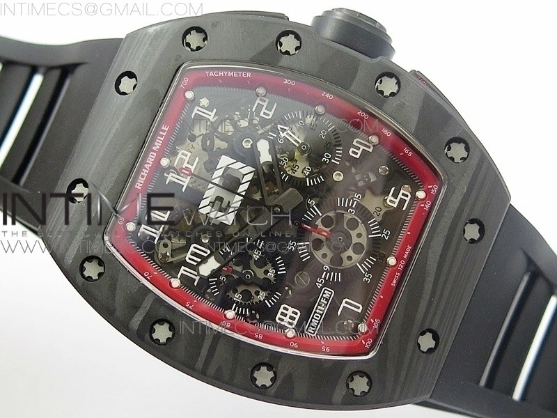 RM011 Carbon Case Chronograph KVF 1:1 Best Edition Carbon Case Bezel Skeleton Dial on Black Rubber Strap A7750