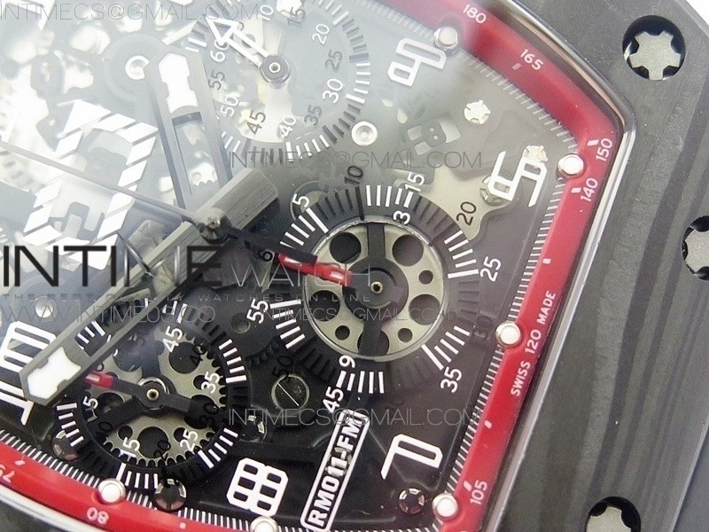 RM011 Carbon Case Chronograph KVF 1:1 Best Edition Carbon Case Bezel Skeleton Dial on Black Rubber Strap A7750