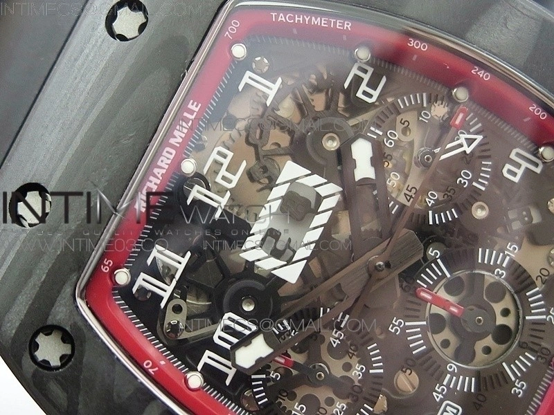 RM011 Carbon Case Chronograph KVF 1:1 Best Edition Carbon Case Bezel Skeleton Dial on Black Rubber Strap A7750