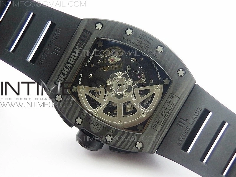 RM011 Carbon Case Chronograph KVF 1:1 Best Edition Carbon Case Bezel Skeleton Dial on Black Rubber Strap A7750
