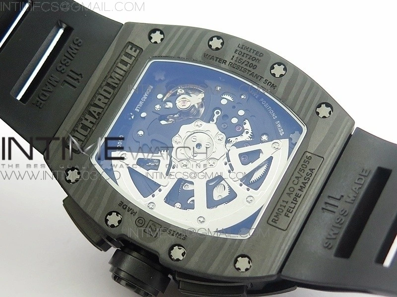 RM011 Carbon Case Chronograph KVF 1:1 Best Edition Carbon Case Bezel Skeleton Dial on Black Rubber Strap A7750