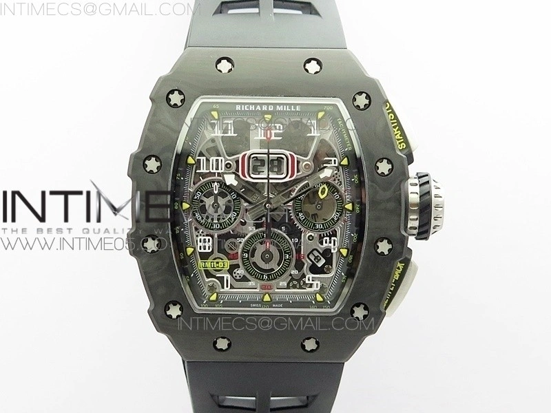 RM011 Carbon Case Chrono KVF 1:1 Best Edition Crystal Skeleton Yellow Dial on Black Rubber Strap A7750 V2