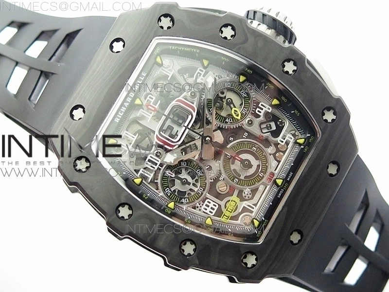 RM011 Carbon Case Chrono KVF 1:1 Best Edition Crystal Skeleton Yellow Dial on Black Rubber Strap A7750 V2