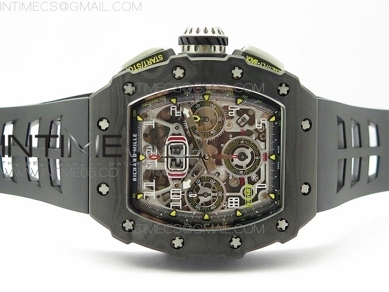 RM011 Carbon Case Chrono KVF 1:1 Best Edition Crystal Skeleton Yellow Dial on Black Rubber Strap A7750 V2