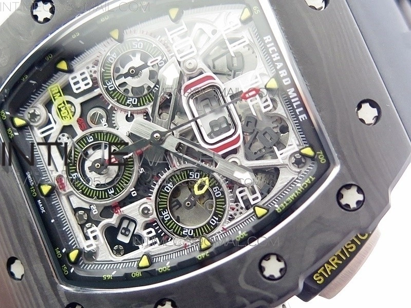 RM011 Carbon Case Chrono KVF 1:1 Best Edition Crystal Skeleton Yellow Dial on Black Rubber Strap A7750 V2