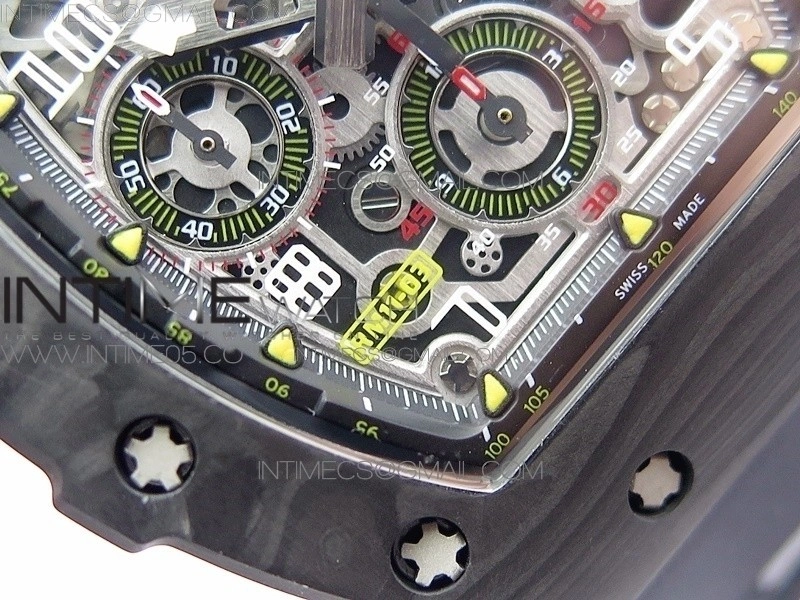 RM011 Carbon Case Chrono KVF 1:1 Best Edition Crystal Skeleton Yellow Dial on Black Rubber Strap A7750 V2