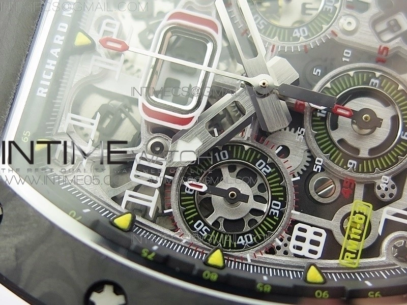 RM011 Carbon Case Chrono KVF 1:1 Best Edition Crystal Skeleton Yellow Dial on Black Rubber Strap A7750 V2