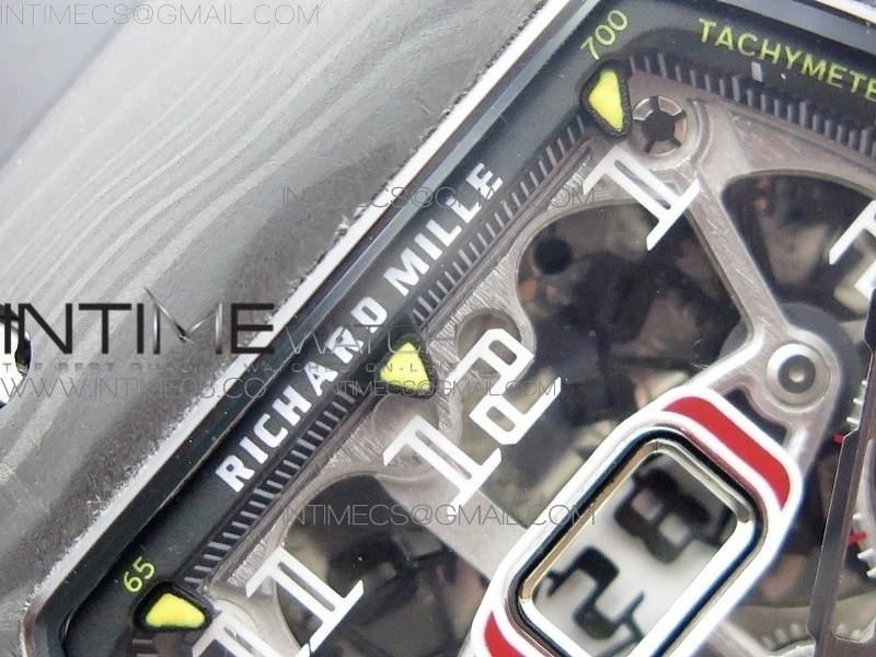 RM011 Carbon Case Chrono KVF 1:1 Best Edition Crystal Skeleton Yellow Dial on Black Rubber Strap A7750 V2