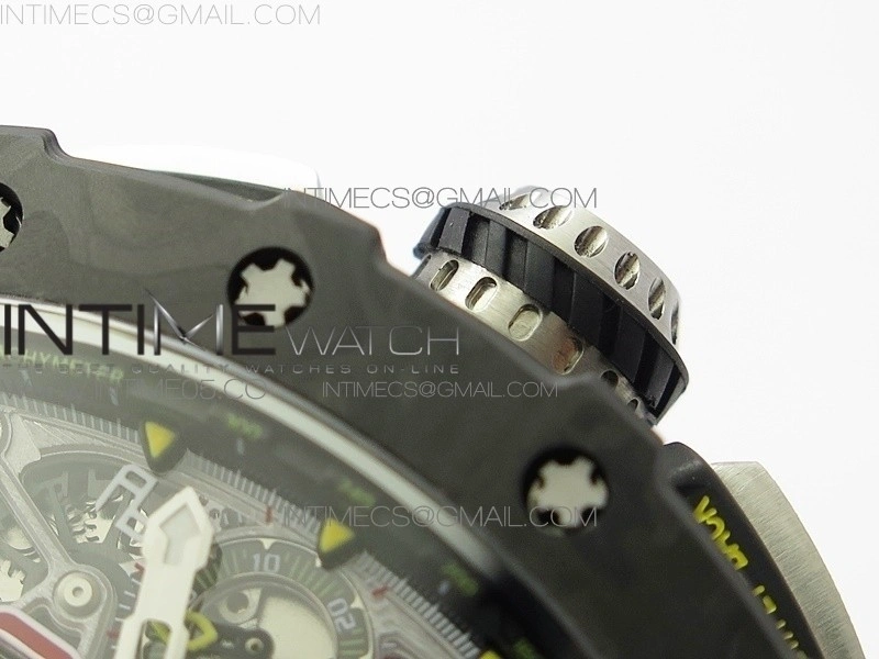 RM011 Carbon Case Chrono KVF 1:1 Best Edition Crystal Skeleton Yellow Dial on Black Rubber Strap A7750 V2