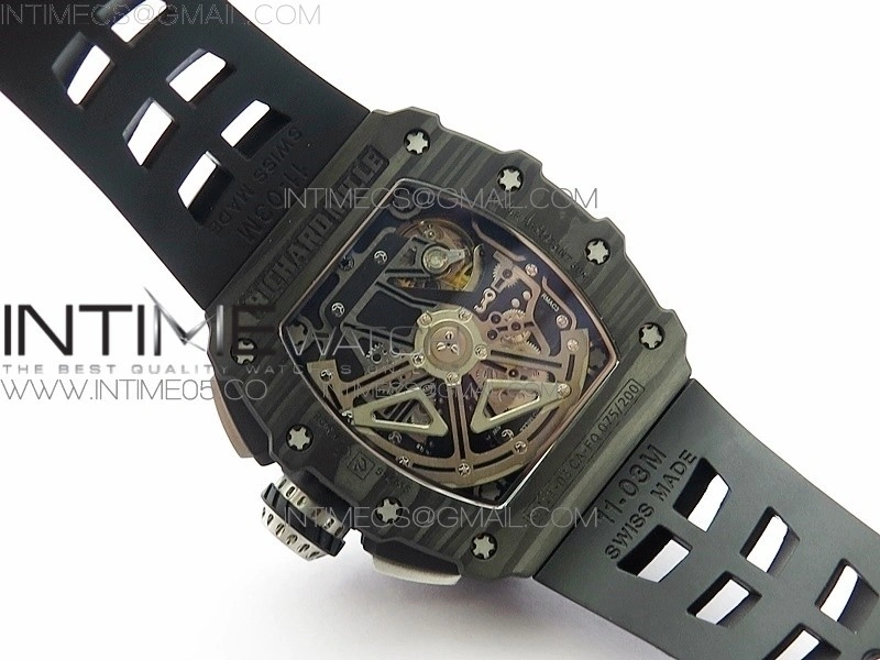 RM011 Carbon Case Chrono KVF 1:1 Best Edition Crystal Skeleton Yellow Dial on Black Rubber Strap A7750 V2