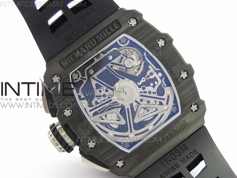 RM011 Carbon Case Chrono KVF 1:1 Best Edition Crystal Skeleton Yellow Dial on Black Rubber Strap A7750 V2