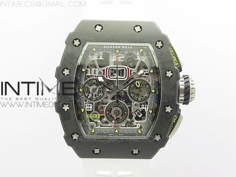 RM011 Carbon Case Chrono KVF 1:1 Best Edition Crystal Skeleton Yellow Dial on White Rubber Strap A7750 V2