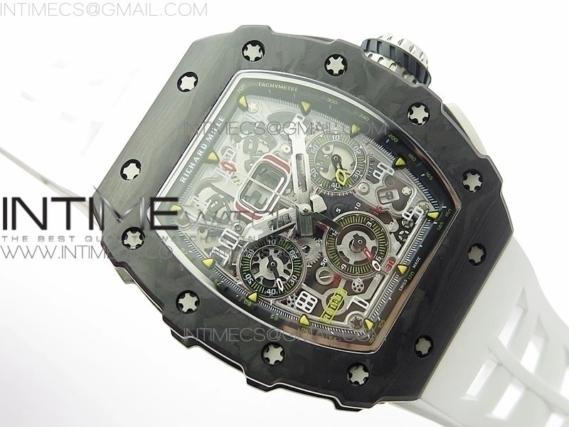 RM011 Carbon Case Chrono KVF 1:1 Best Edition Crystal Skeleton Yellow Dial on White Rubber Strap A7750 V2