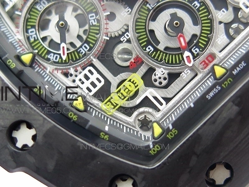RM011 Carbon Case Chrono KVF 1:1 Best Edition Crystal Skeleton Yellow Dial on White Rubber Strap A7750 V2