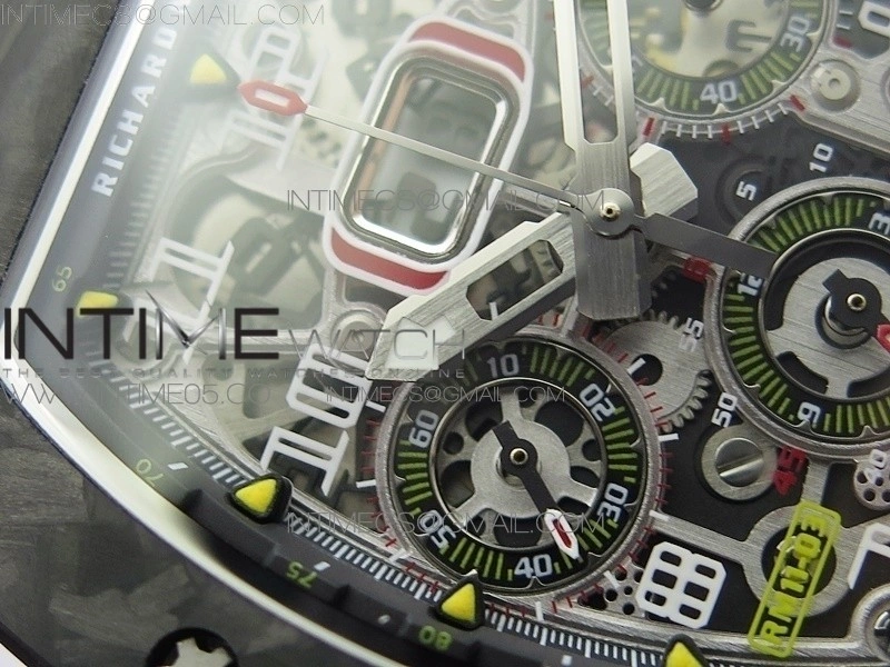 RM011 Carbon Case Chrono KVF 1:1 Best Edition Crystal Skeleton Yellow Dial on White Rubber Strap A7750 V2