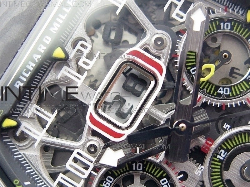 RM011 Carbon Case Chrono KVF 1:1 Best Edition Crystal Skeleton Yellow Dial on White Rubber Strap A7750 V2
