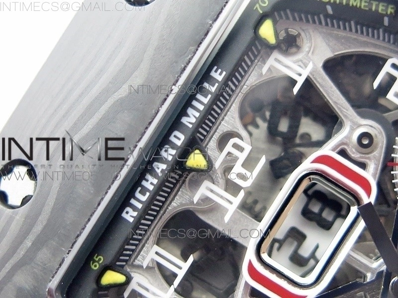 RM011 Carbon Case Chrono KVF 1:1 Best Edition Crystal Skeleton Yellow Dial on White Rubber Strap A7750 V2
