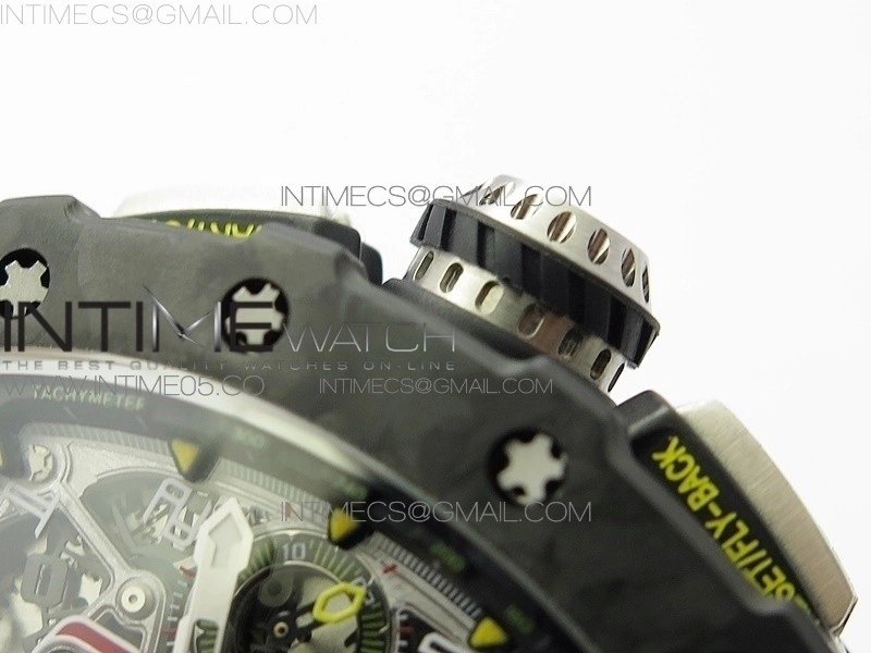 RM011 Carbon Case Chrono KVF 1:1 Best Edition Crystal Skeleton Yellow Dial on White Rubber Strap A7750 V2