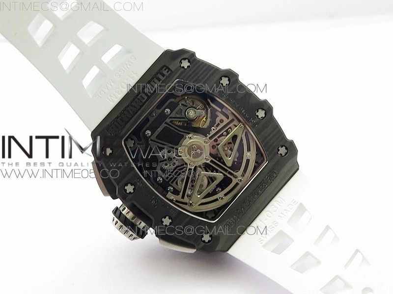 RM011 Carbon Case Chrono KVF 1:1 Best Edition Crystal Skeleton Yellow Dial on White Rubber Strap A7750 V2