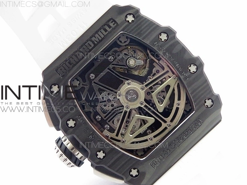RM011 Carbon Case Chrono KVF 1:1 Best Edition Crystal Skeleton Yellow Dial on White Rubber Strap A7750 V2