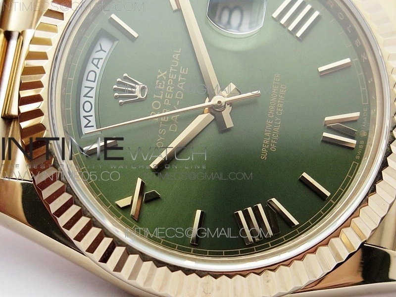 Day-Date 40mm 228239 BP New Dial Version 904 RG Green Roman Markers Dial on RG President Bracelet A2836