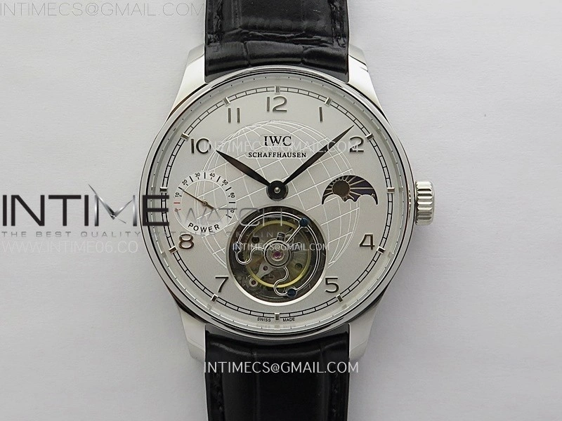 Portuguese Tourbillon Power Reserve SS AXF White Dial Sliver Numbers moonphase on Black Leather Strap