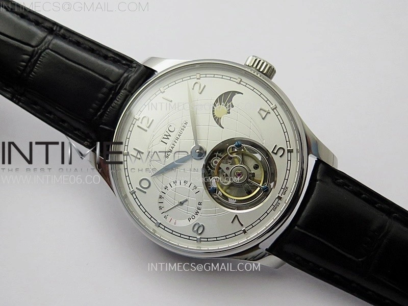 Portuguese Tourbillon Power Reserve SS AXF White Dial Sliver Numbers moonphase on Black Leather Strap