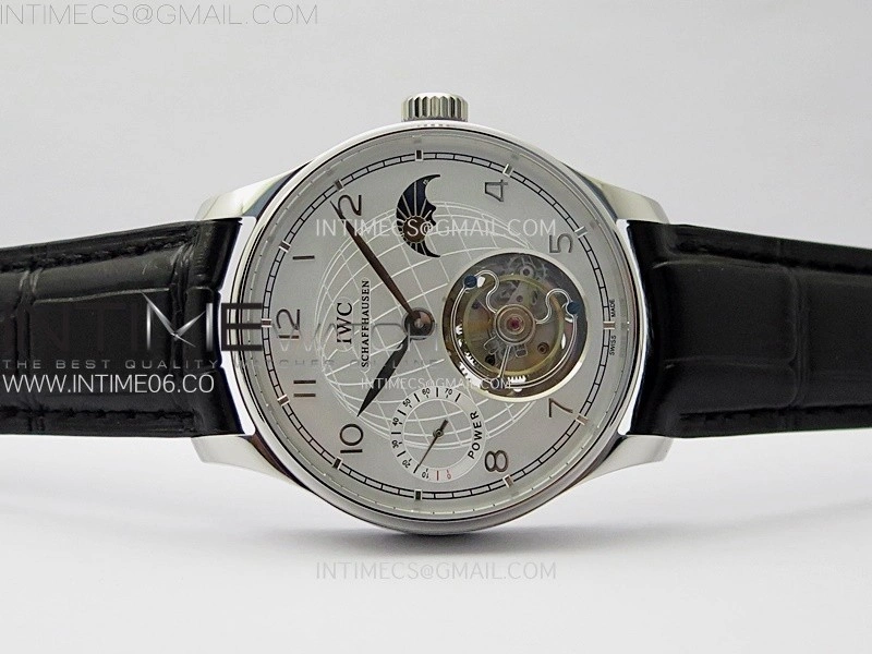 Portuguese Tourbillon Power Reserve SS AXF White Dial Sliver Numbers moonphase on Black Leather Strap