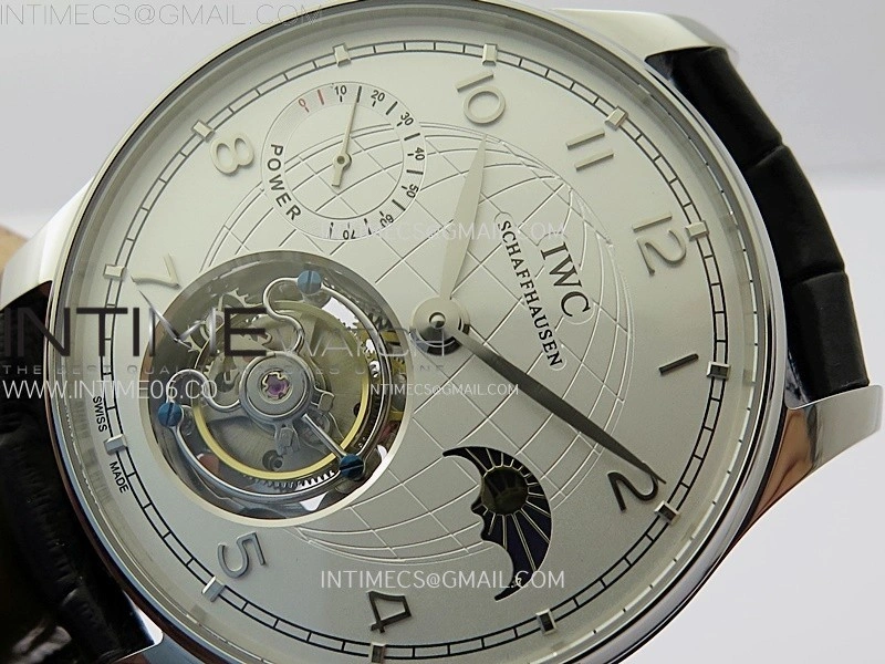 Portuguese Tourbillon Power Reserve SS AXF White Dial Sliver Numbers moonphase on Black Leather Strap