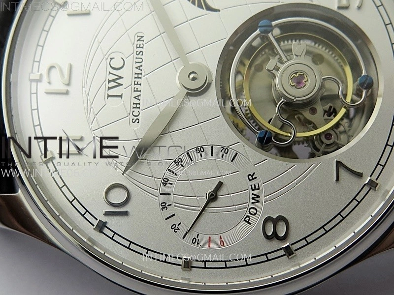 Portuguese Tourbillon Power Reserve SS AXF White Dial Sliver Numbers moonphase on Black Leather Strap