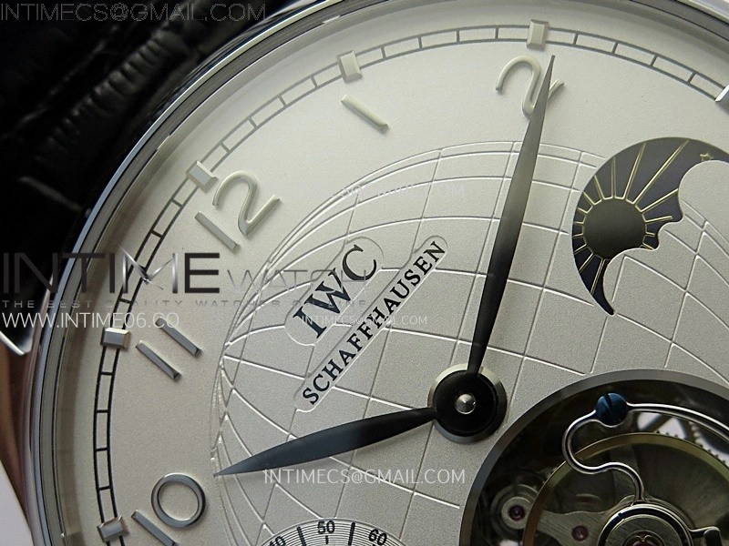 Portuguese Tourbillon Power Reserve SS AXF White Dial Sliver Numbers moonphase on Black Leather Strap