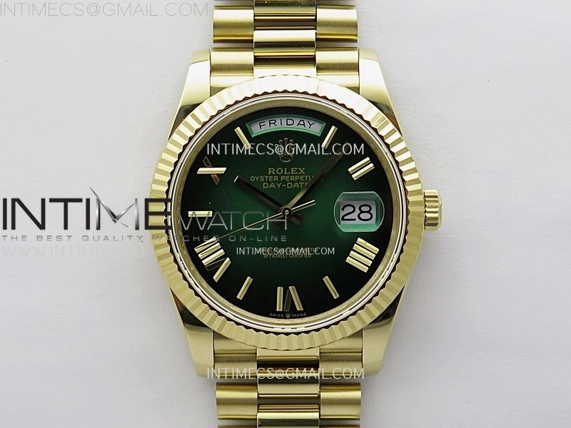 Day Date 228238 40mm 904L YG QF Gain Weight Green Gradient Dial Roman Markers on YG President Bracelet A2836